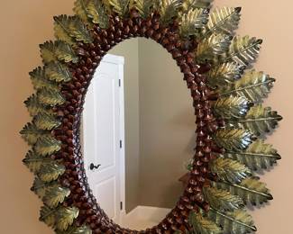 Made by hand at Barking Tree Studio metal leaf and acorn, oval mirror.