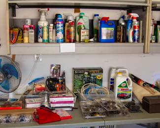 Assortment of various tools, household cleaning items 