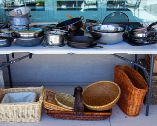 Assortment of pots and pans, decorative baskets 