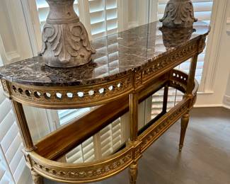 Henredon Louis XVI style marble top and mirrored shelf console