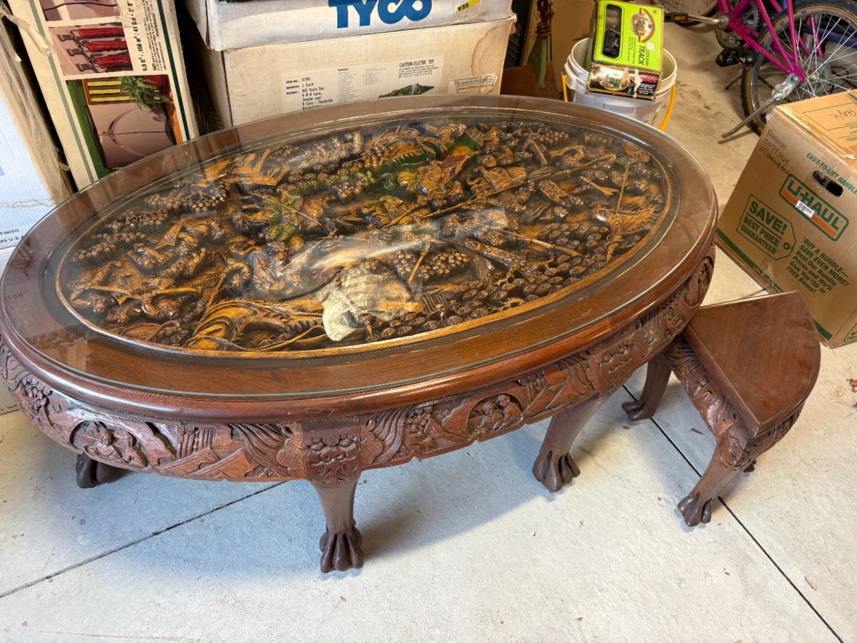 . . . beautiful carved-topped table and four stools!