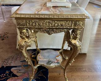 Ornate gold tone side table with caryatid supports and onyx top and shelf  - 30-1/2" H x 19-1/4" x 19-1/4"