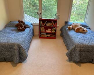 pair of twin beds and bookcase