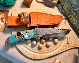 Engraved Turquoise inlay hunting knife w/sheath 