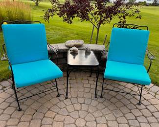 Matching wrought iron patio chairs and side table w/glass top