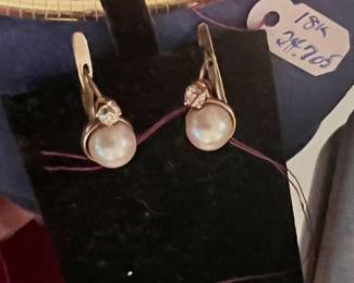 14 karat gold, pearl diamond earrings