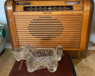 Old books, old radio, Scotty candy container 