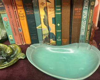 MCM ash trays and vintage books
