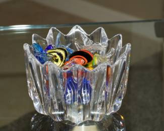 Orrefors crystal candy dish with murano candies