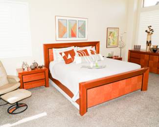 Italian Design furniture includes a bed frame, two nightstands, a long dresser and a linen cabinet