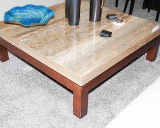 Stone top leather wrapped coffee table-about 4ft square