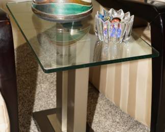 Chrome & hardwood glass top contemporary table