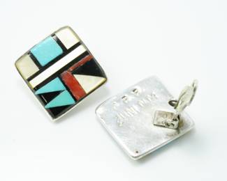Inlaid Zuni sterling earrings-inlaid with turquoise, coral, mother of pearl, and onyx by John & Rosalie Bowannie(JRB)