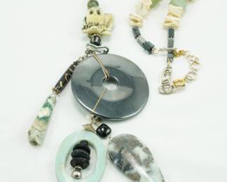 Silver disc & owl netsuke necklace