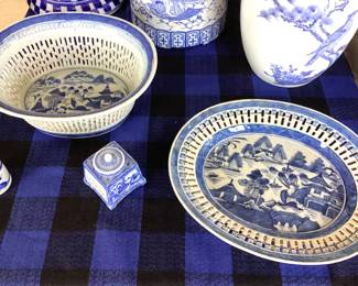Chinese Export / Canton reticulated porcelain platter and basket; antique Japanese and Chinese ink jars
