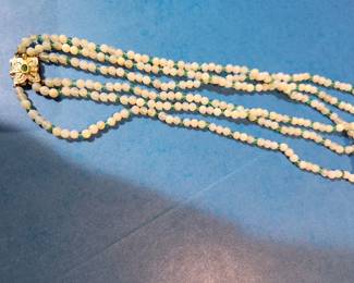 3 Strand Opal and Emerald Necklace with 18KT Gold and Emerald Clasp. 