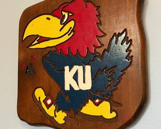Vintage 1970s Folk Art - University of Kansas KU Jayhawk Wood Carved painted plaque
