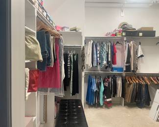 Women’s clothes, shoes, purses and jewelry for sale.