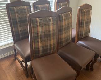 Set of 6 heavy wood custom dining room chairs  with leather seats 