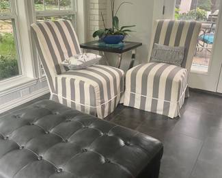 Leather ottoman, stripped chairs and table 