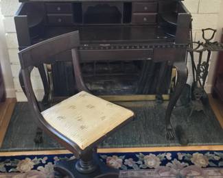Antique spinet writing desk and chair.