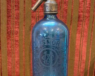 Blue etched soda fountain bottle