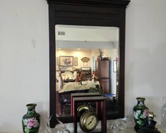 Antique carved mirror; pair of cloisonne vases; clear Murano glass fish