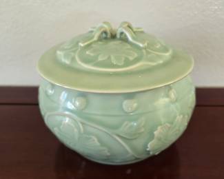Vintage Chinese Longquan style celedon peony salt bucket