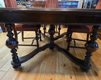 Antique solid wood table with 5 upholstered chairs. Available for pre-sale $150