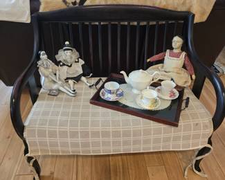 Very cute wood bench with upholstered seat