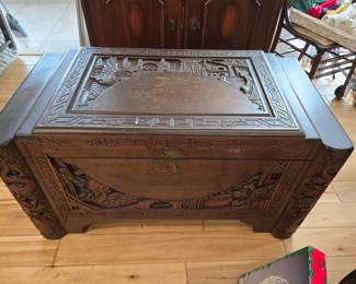 Ornately carved large camphor wood chest. Available for pre-sale $280