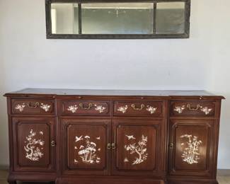 Beautiful rosewood buffet server console table with inlaid mother of pearl. Available for pre-sale $300