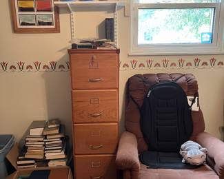 Filing cabinet, chair