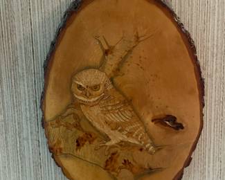 Carved owl on wood