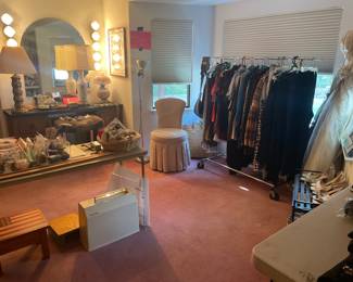  clothing - sewing - christmas - linens = mens boots and ties- ladies chicos and more  leathers - oscar de la renta mens white formal suit -  hugo boss suits-   upscale retro/vintage lamps 