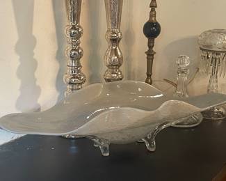 LARGE ART GLASS  BOWL   SEVERAL MERCURY GLASS ITEMS ALSO 