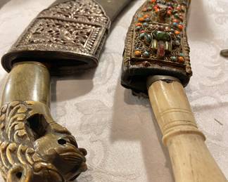 Antique bone and horn carved kukri knives 