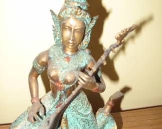 Thai Brass Buddhist Angel Sculpture with a Seung Lute