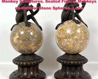 Lot 528 Pr THEODORE ALEXANDER Metal Monkey Sculptures. Seated Figural Monkeys on Natural Stone Spheres. Labe