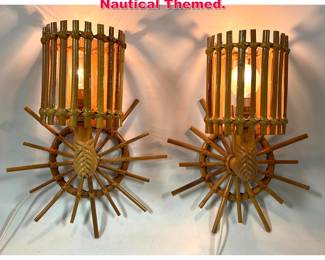 Lot 68 Pr Rattan Bamboo Wall Sconces. Nautical Themed. 