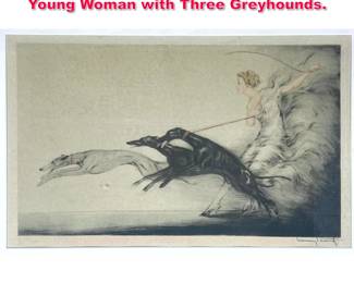 Lot 194 LOUIS ICART Speed Print. Signed. Young Woman with Three Greyhounds. 