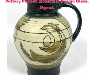 Lot 123 JD Artisan Signed American Studio Pottery Pitcher. Modernist Design Glaze. Signed. 