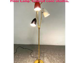 Lot 575 Mid Century Brass Three Shade Floor Lamp. Colored cone shades.