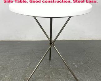 Lot 21 Thick White Glass Tripod Base Drink Side Table. Good construction. Steel base. 