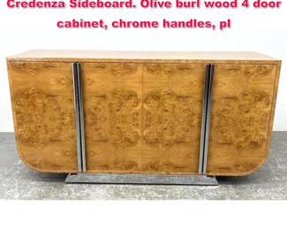 Lot 37 Milo Baughman Style Burl Wood Credenza Sideboard. Olive burl wood 4 door cabinet, chrome handles, pl