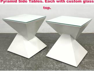 Lot 423 Pr White Composite Stacked Pyramid Side Tables. Each with custom glass top. 