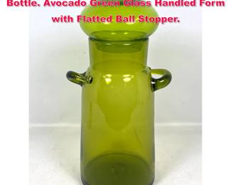 Lot 50 JOHN NICKERSEN for BLENKO Glass Bottle. Avocado Green Glass Handled Form with Flatted Ball Stopper. 