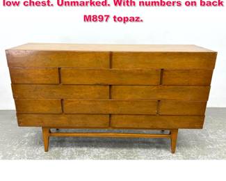 Lot 92 Singer and sons Gio Ponti attributed low chest. Unmarked. With numbers on back M897 topaz. 