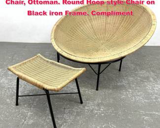 Lot 485 2pc Split Rattan Woven Lounge Chair, Ottoman. Round Hoop style Chair on Black iron Frame. Compliment