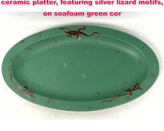Lot 286 Emilia Castillo silver overlay ceramic platter, featuring silver lizard motifs, on seafoam green cer